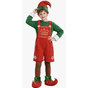 Kids Christmas Elf Costume Set 7-8 Years Red Green Hat Shoes Socks